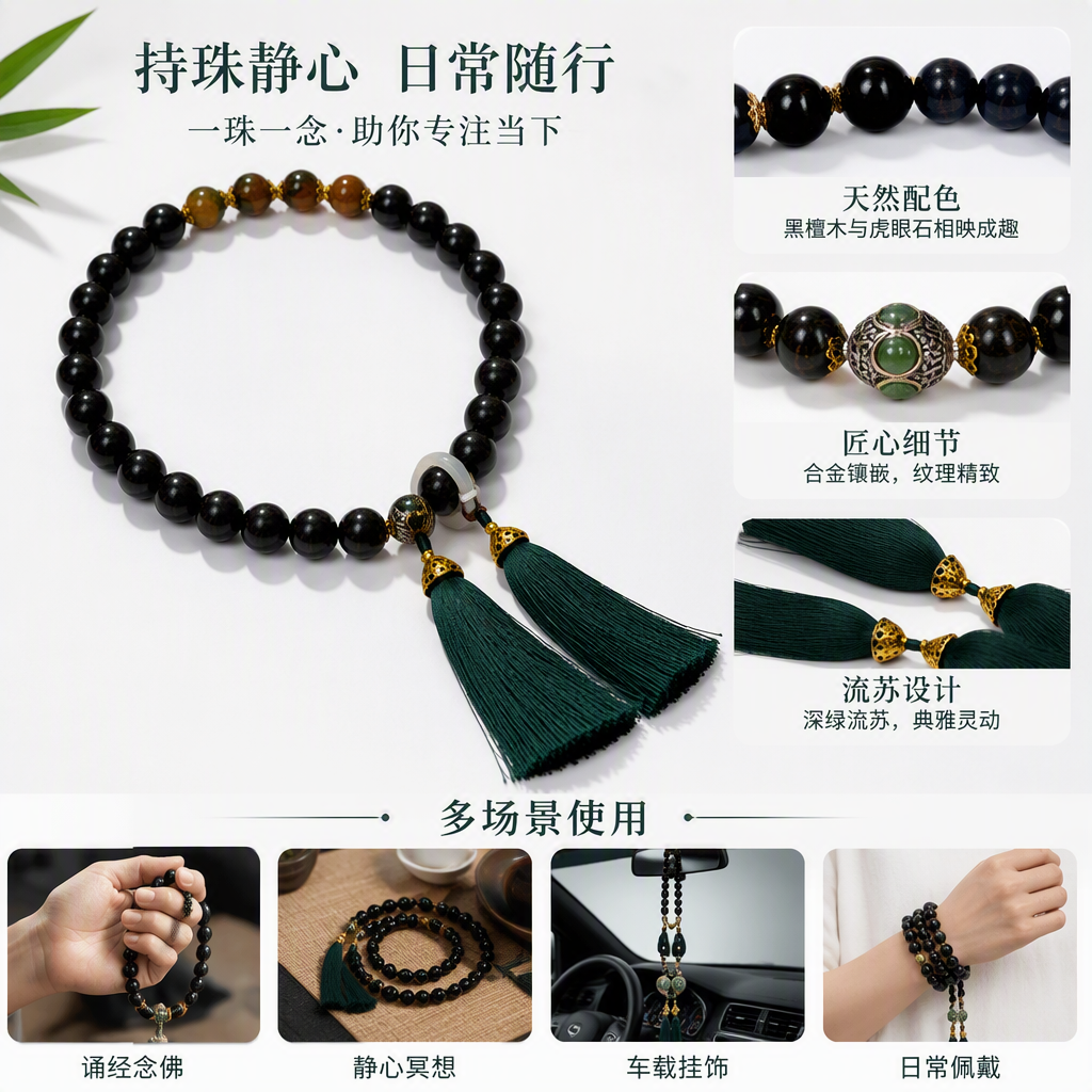 合香珠大圈手持黑色珠串手链搭配绿色流苏时尚复古手饰简约百搭女款手链饰品