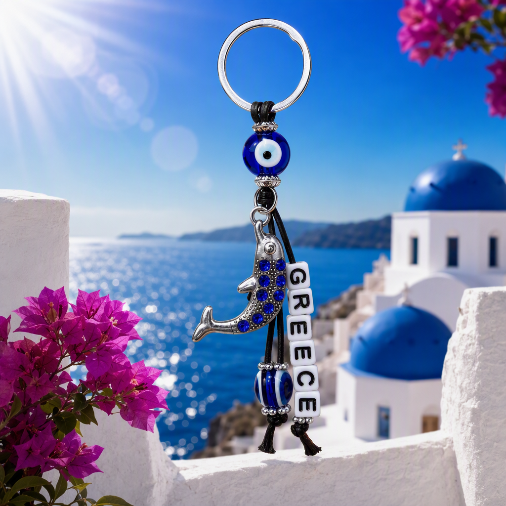 Silver keychain with blue Devil's eye dolphin pendant, white letter beads, blue and white stripes, Devil's Eye packaging card plate accessory Specification image