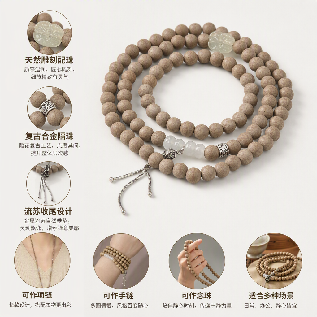 天然木质佛珠手串浅绿玉佛头透明水晶隔珠银饰流苏时尚文艺手链
