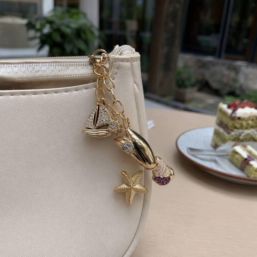 Golden ocean-themed accessory set: Dolphin, sailboat, starfish, shell, conch shaped accessories, DIY handmade accessory Gift box details Picture