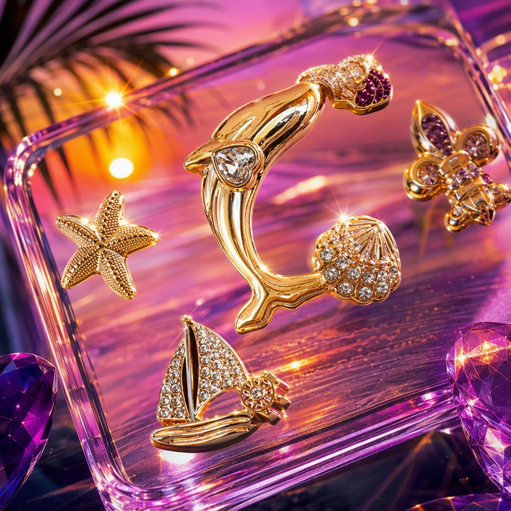 Golden ocean-themed accessory set: Dolphin, sailboat, starfish, shell, conch shaped accessories, DIY handmade accessory Gift box Specification image