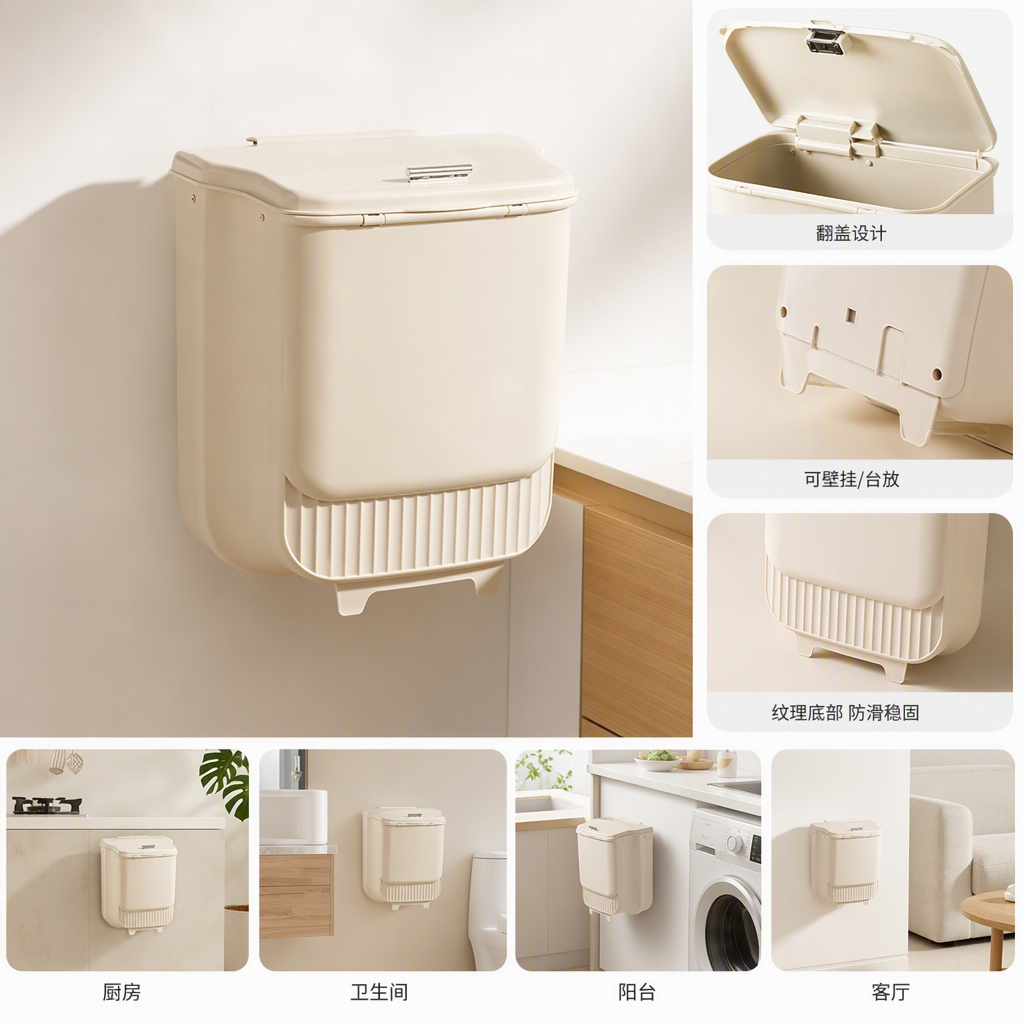 【CL】26Q3#8075 Wall-mounted trash can with a flip lid for kitchen and bathroom, large capacity, lid and foldable