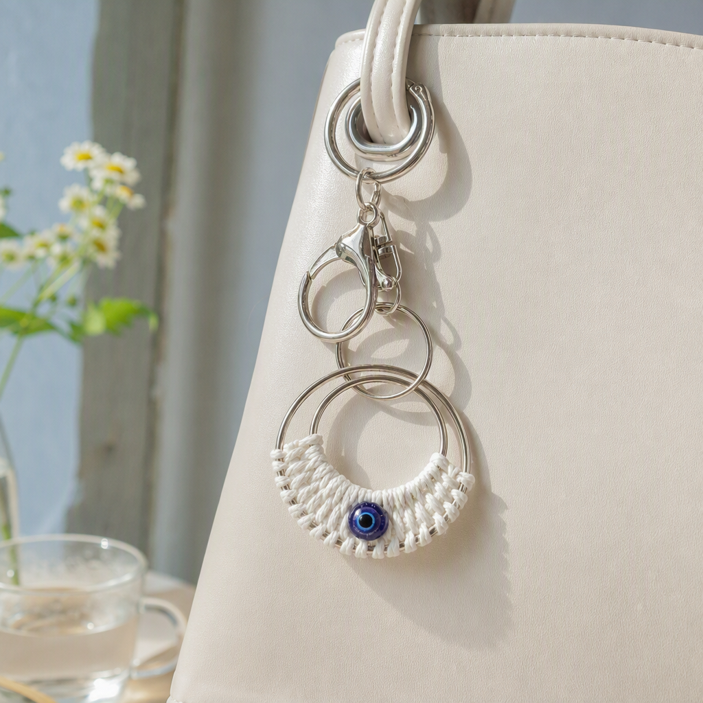 White cards, golden keychains, blue eye decorations, woven pendants, fashionable and creative gift accessories, and accessory combinations details Picture