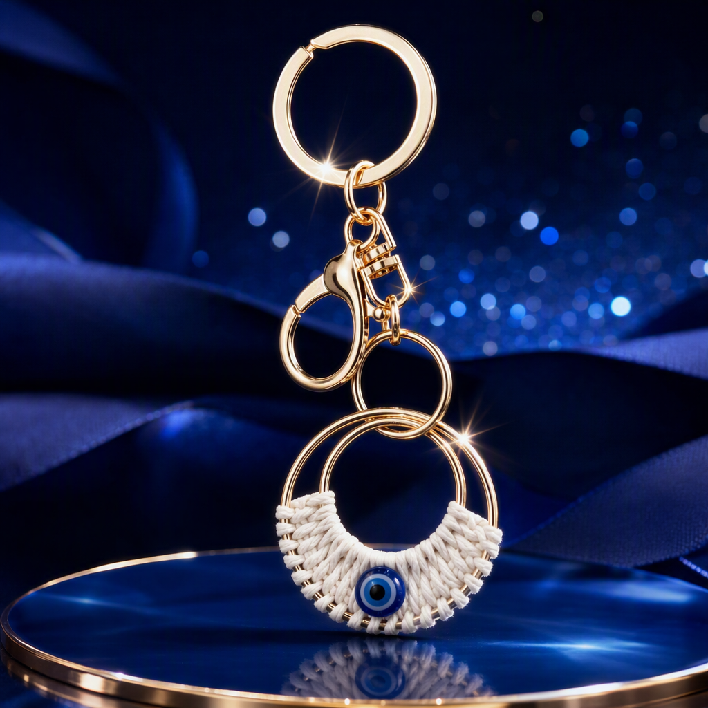 White cards, golden keychains, blue eye decorations, woven pendants, fashionable and creative gift accessories, and accessory combinations Specification image