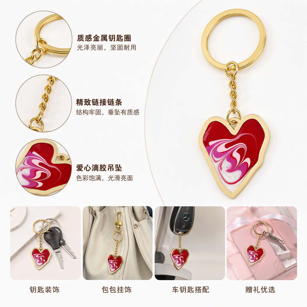 金色心形钥匙扣时尚创意情侣挂件礼品配饰男女通用简约百搭款