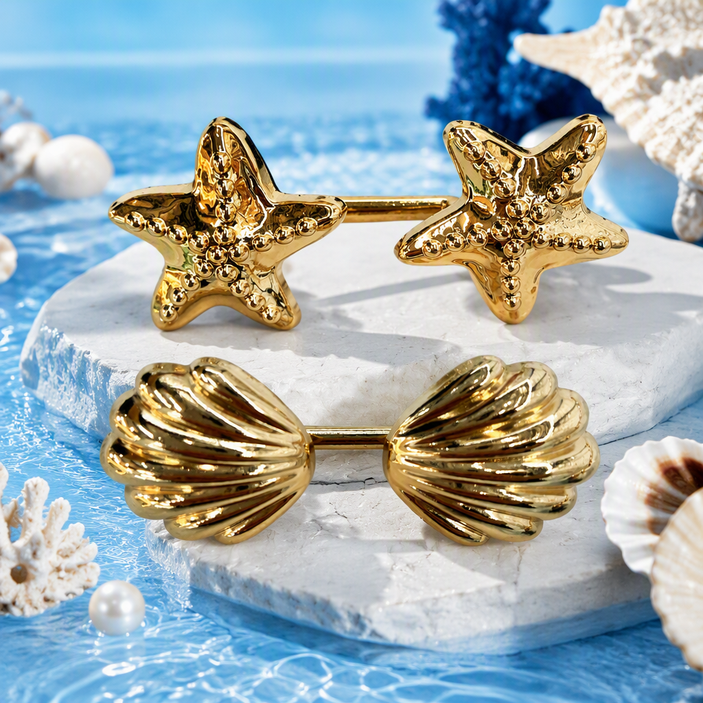Golden starfish-shaped brooch, fashionable and versatile metal accessory, ladies' accessory gift, European and American fashion clothing, clothing bags, alloy button-down bikini swimsuits, chest connection buttons, clothes and scarves Specification image