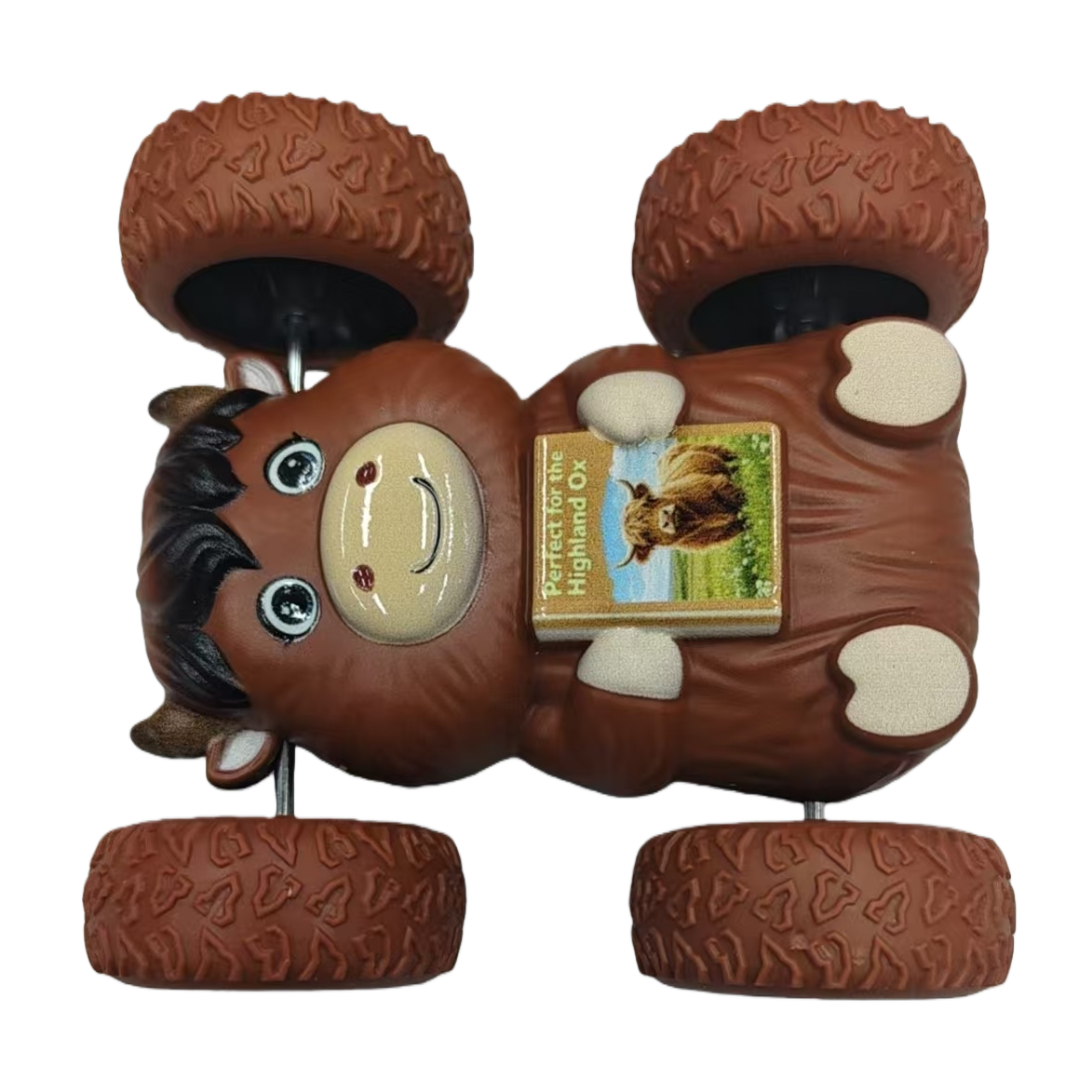 Highland cow holding a book inertial rolling stunt car, children's 360° flip and durable cartoon toy car