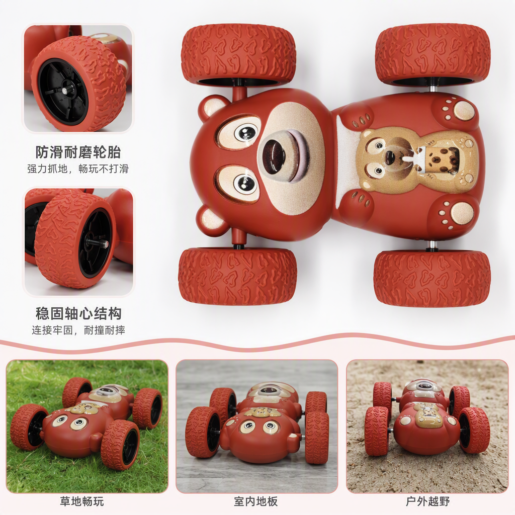 Red Bear Inertial Rolling Stunt Car, a 360° flip and durable cartoon double-sided car toy for children details Picture