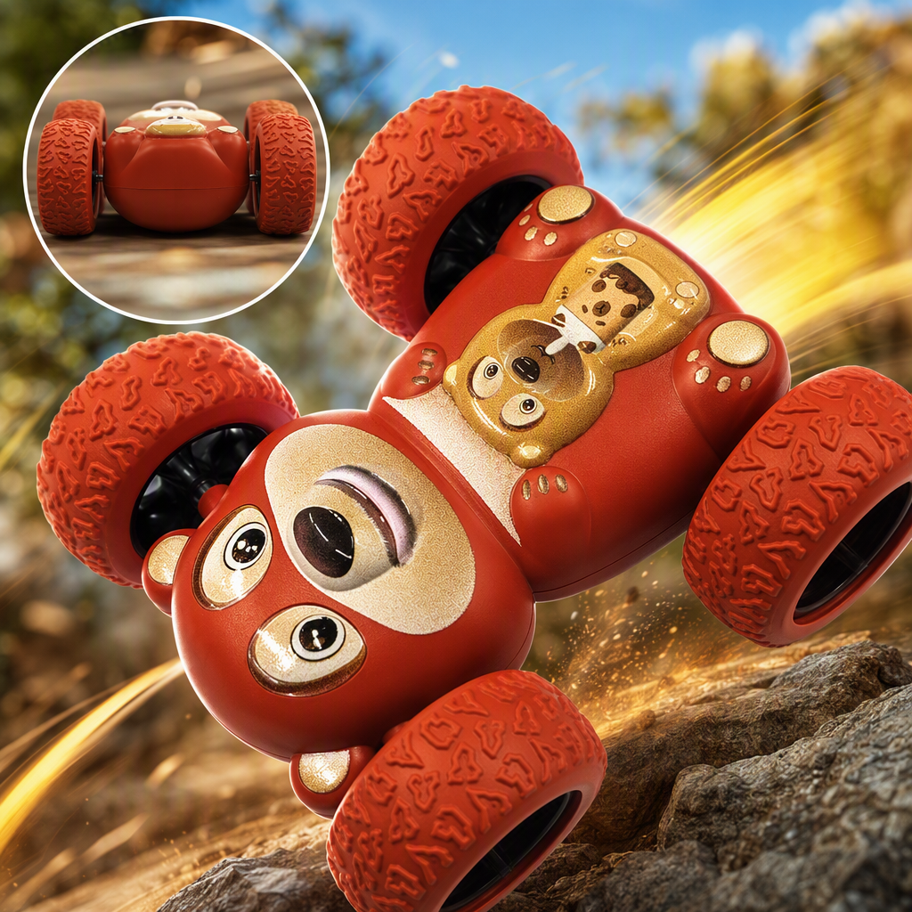 Red Bear Inertial Rolling Stunt Car, a 360° flip and durable cartoon double-sided car toy for children Specification image