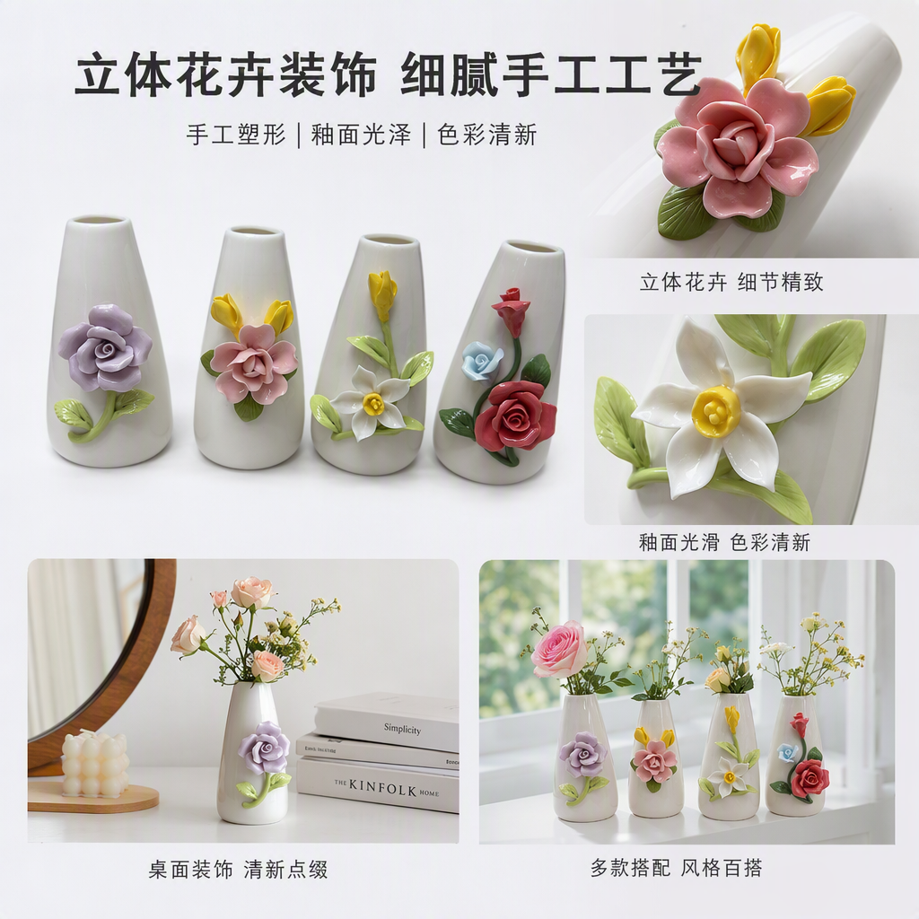 白色陶瓷花瓶四朵彩色立体花朵装饰创意摆件客厅桌面装饰品家居摆设