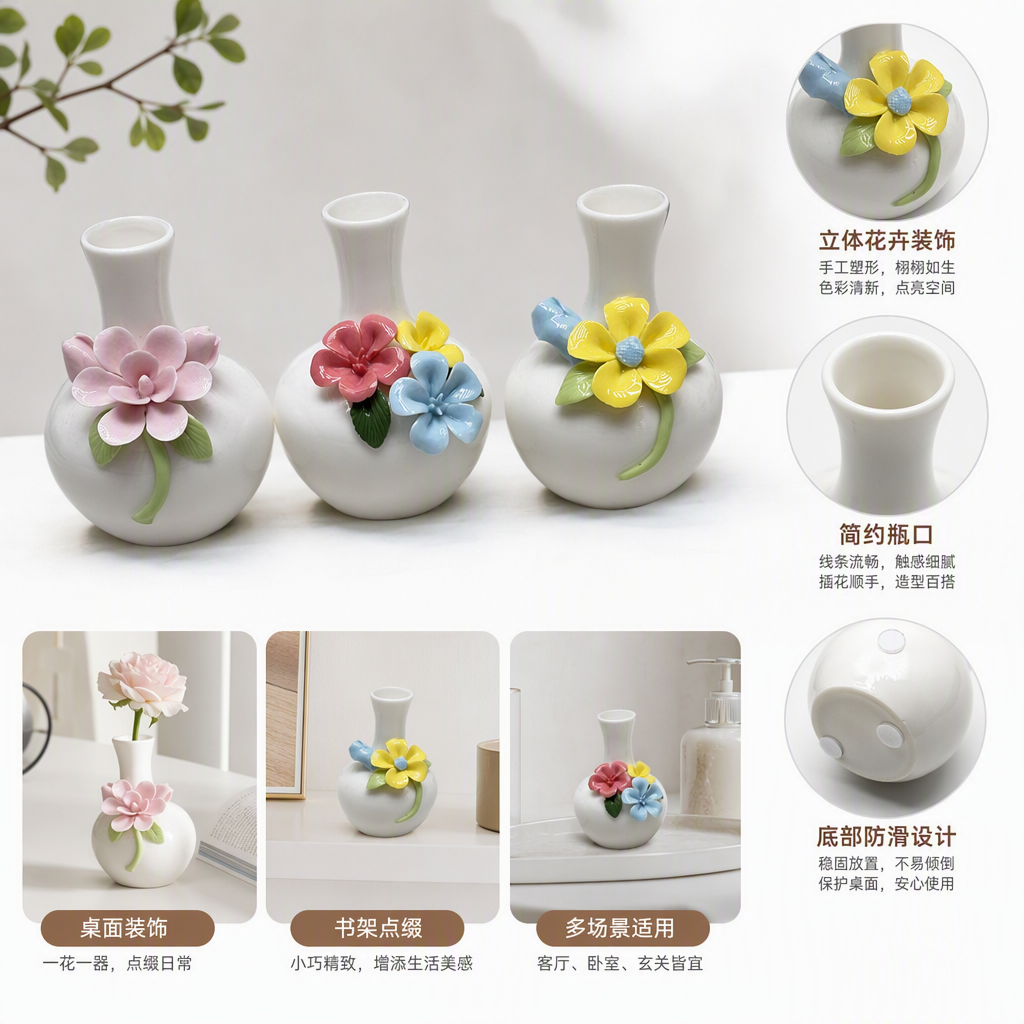 白色陶瓷小花瓶三件套粉色粉红黄色蓝色绿叶装饰摆件家居插花用品