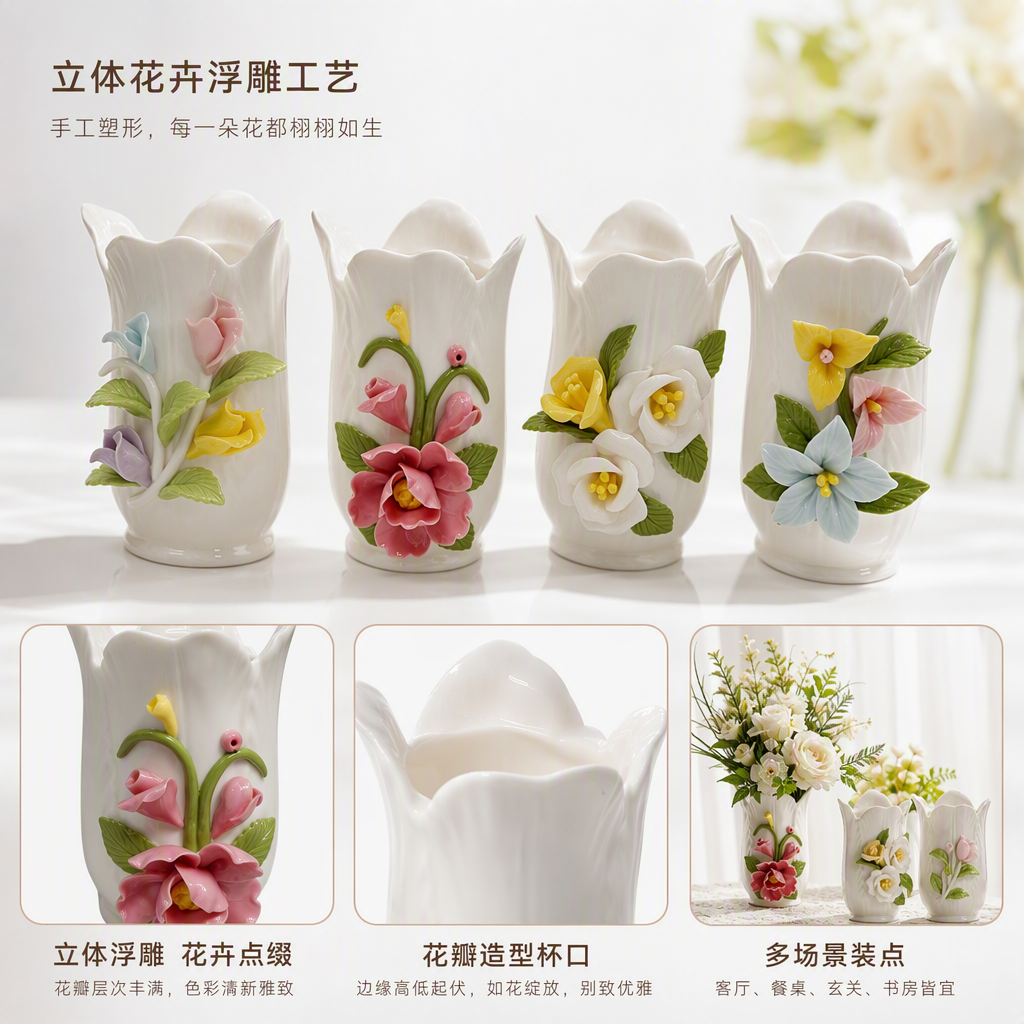 白色陶瓷花瓶四件套彩色立体花卉装饰家居摆件简约创意礼品
