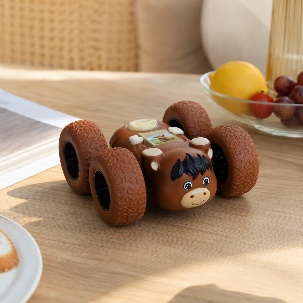 Highland cow holding a book inertial rolling stunt car, children's 360° flip and durable cartoon toy car Application Scenario