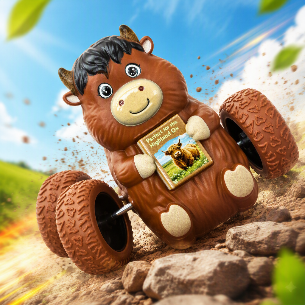 Highland cow holding a book inertial rolling stunt car, children's 360° flip and durable cartoon toy car Item Picture