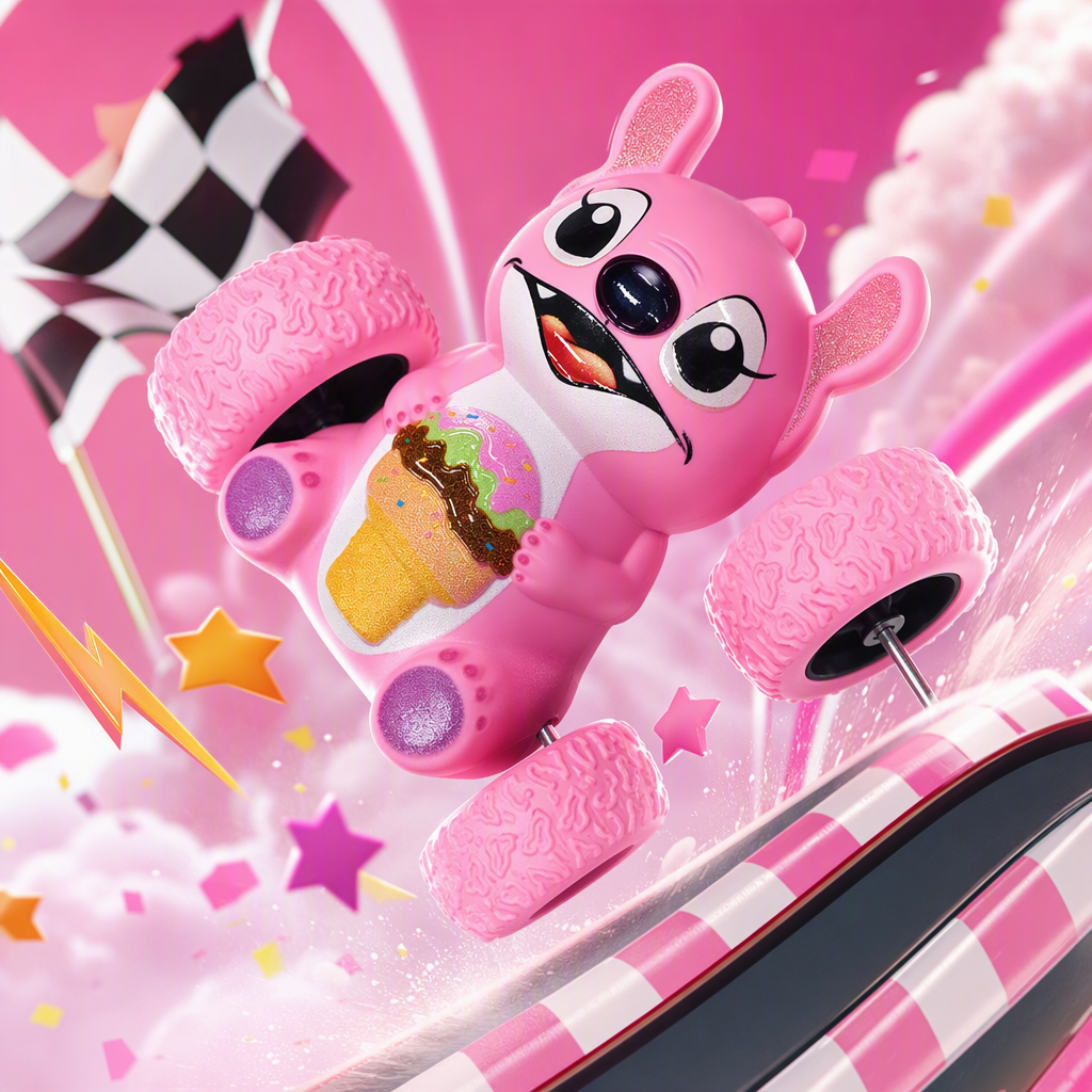 Pink ice cream Sprite inertial rolling stunt car, children's 360° flip and durable cartoon car toy Application Scenario