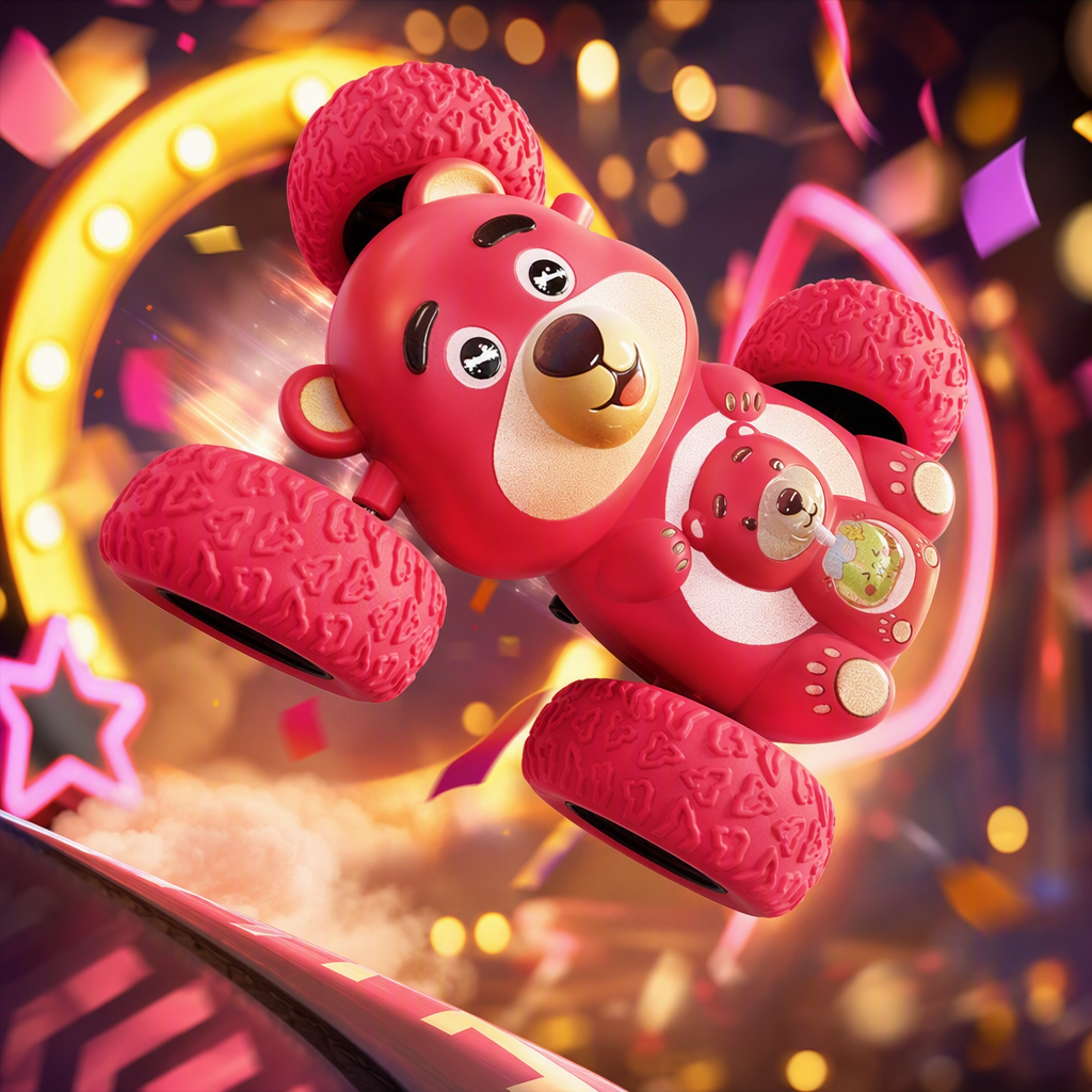 Red strawberry Bear Inertial Rolling Stunt car, children's 360° Flip and durable cartoon car toy Application Scenario