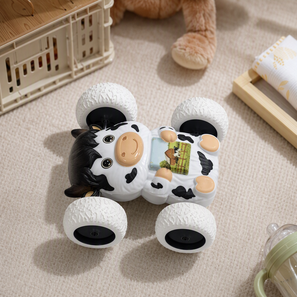 Cute and fun little cow inertial rolling stunt car, children's 360° flip and durable cartoon car toy Application Scenario
