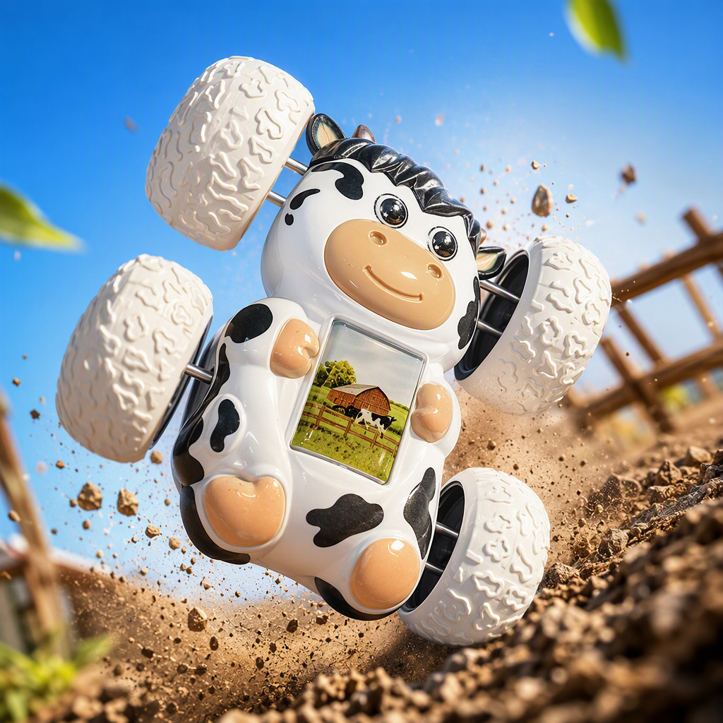 Cute and fun little cow inertial rolling stunt car, children's 360° flip and durable cartoon car toy Item Picture