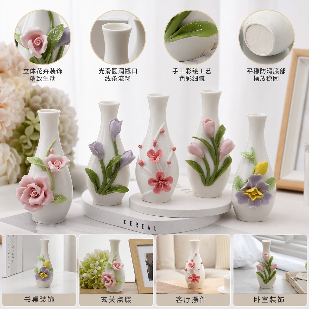 白色陶瓷花瓶五件套立体花卉装饰简约客厅餐桌摆件家居装饰品