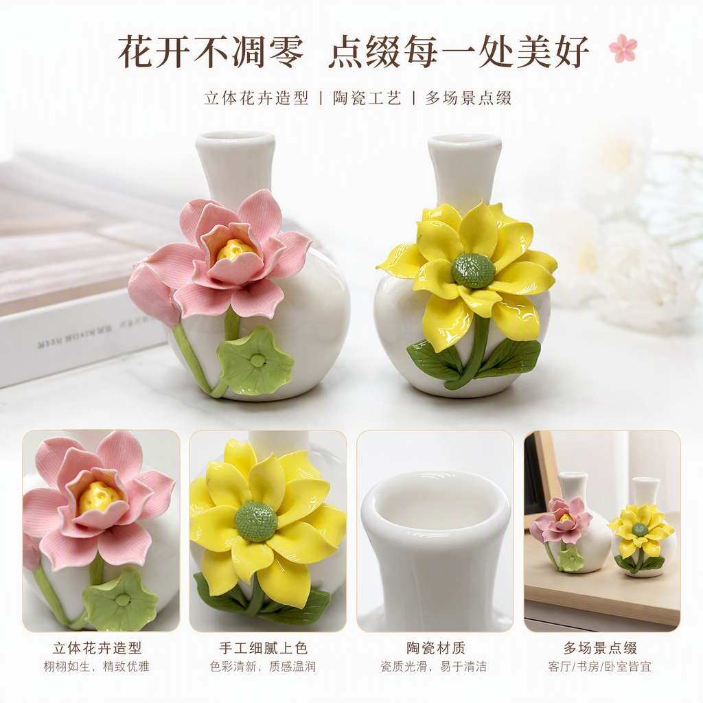 白色陶瓷花瓶粉色黄色花卉装饰优雅摆件家居客厅桌面装饰品