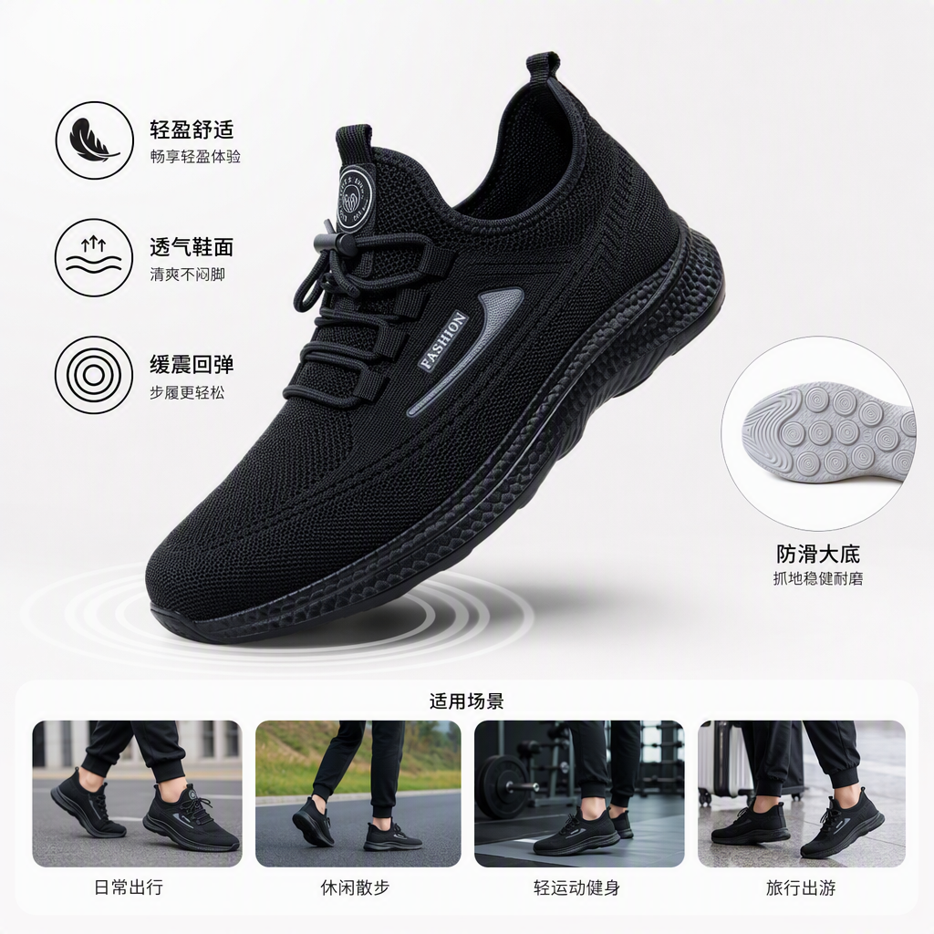 耐磨透气轻便休闲跑步鞋男士黑色运动鞋潮流百搭运动鞋款运动鞋男士时尚