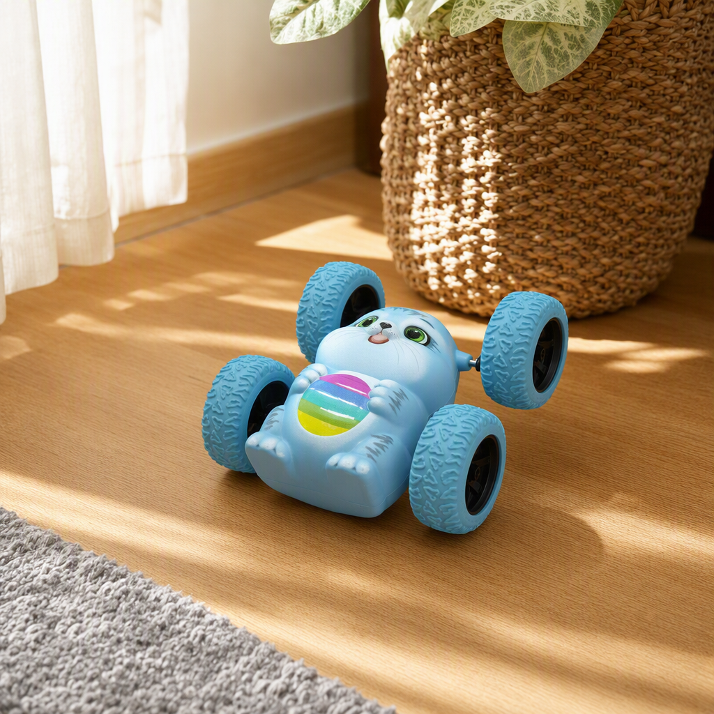 Rainbow Blue Cat Inertial Rolling Stunt Car, children's 360° Flip and durable cartoon car toy Item Picture