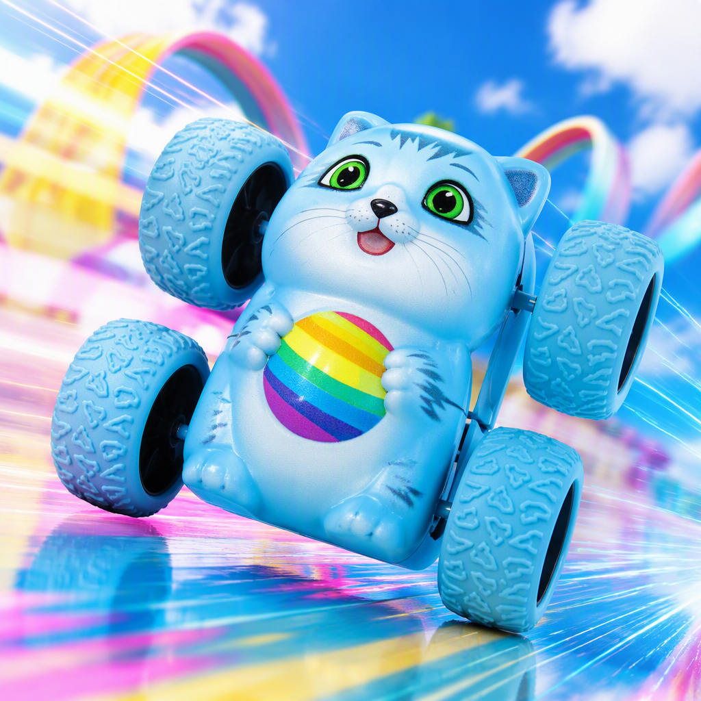 Rainbow Blue Cat Inertial Rolling Stunt Car, children's 360° Flip and durable cartoon car toy Application Scenario