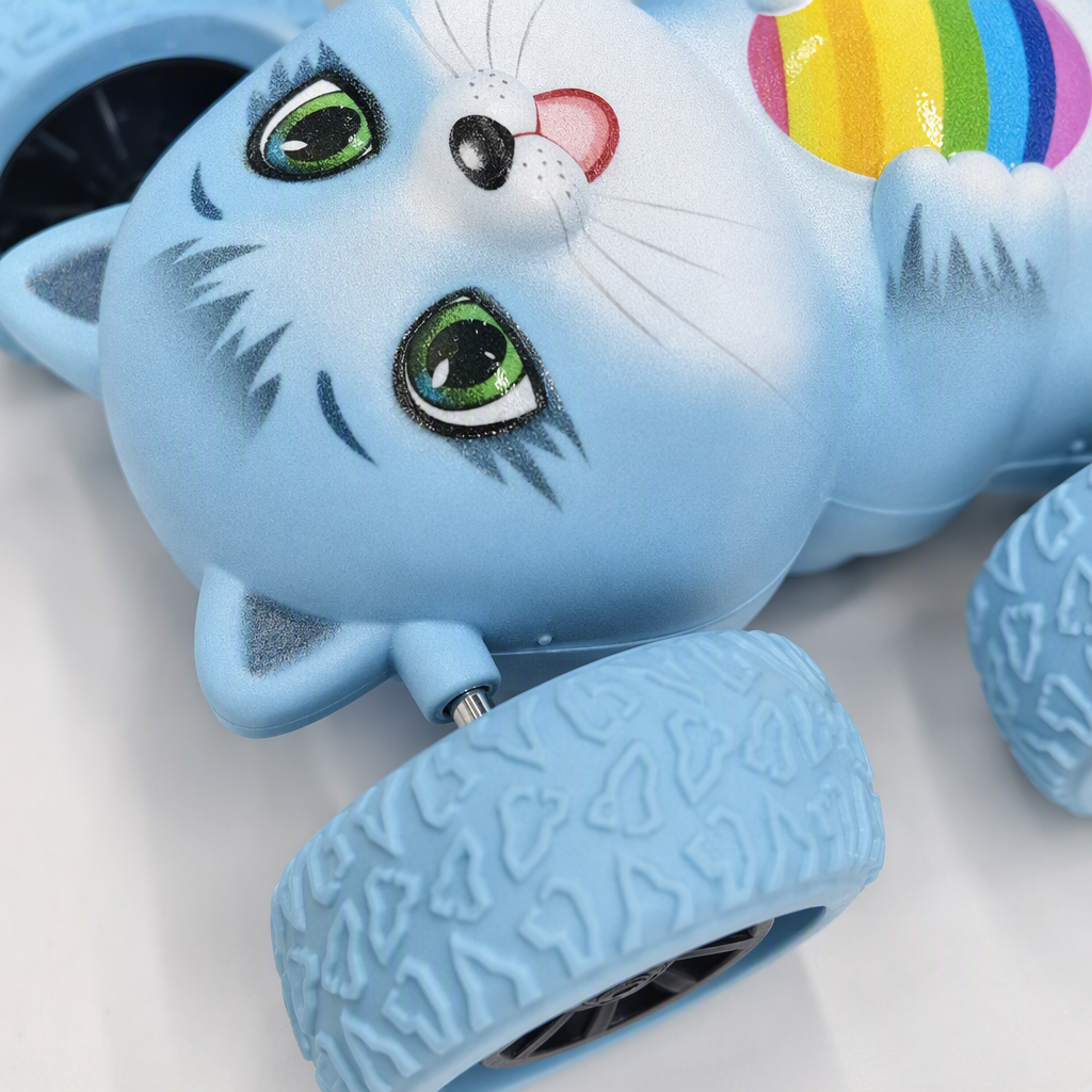 Rainbow Blue Cat Inertial Rolling Stunt Car, children's 360° Flip and durable cartoon car toy Specification image