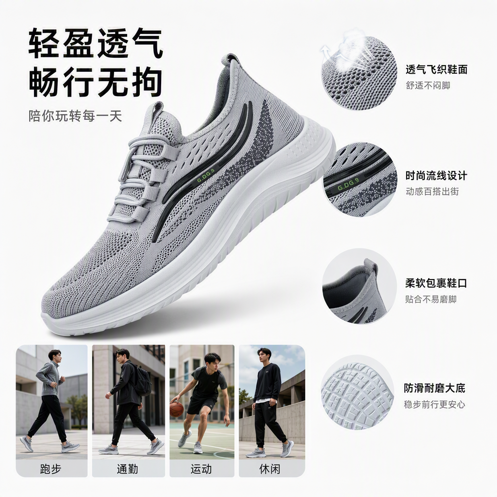 时尚休闲男女跑步鞋灰黑拼色运动鞋透气舒适运动休闲鞋款鞋子男软底
