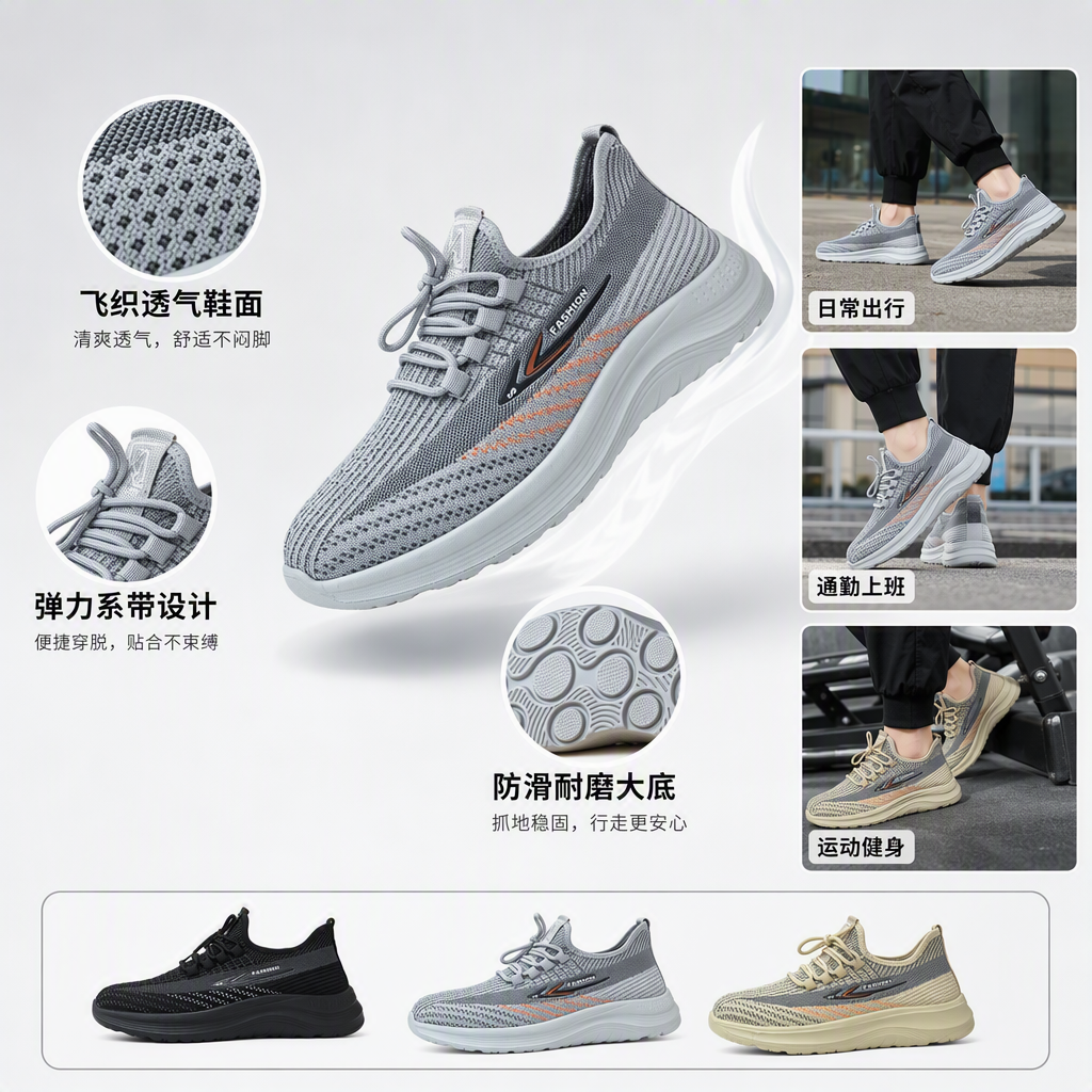 三双针织运动鞋黑色灰橙拼色米灰橙拼色款配鞋盒鞋底展示休闲跑步鞋男女通用鞋子男软底运动鞋