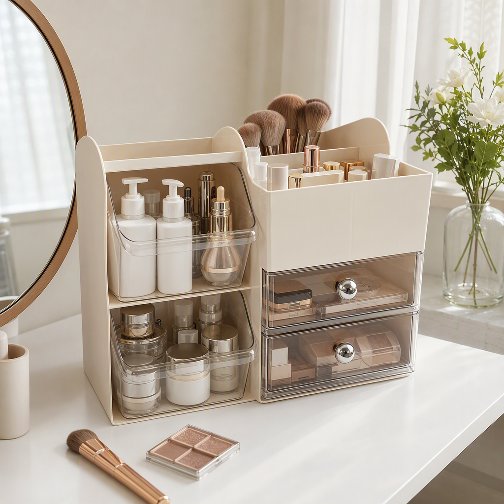 【CL】26Q3#8101 Beige desktop multi-functional storage box, beaded file organization box, simple storage box, home and office supplies storage box details Picture