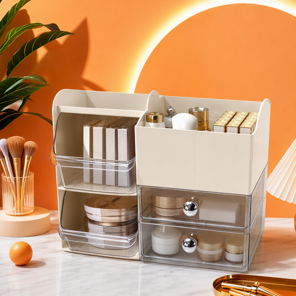 【CL】26Q3#8101 Beige desktop multi-functional storage box, beaded file organization box, simple storage box, home and office supplies storage box Specification image