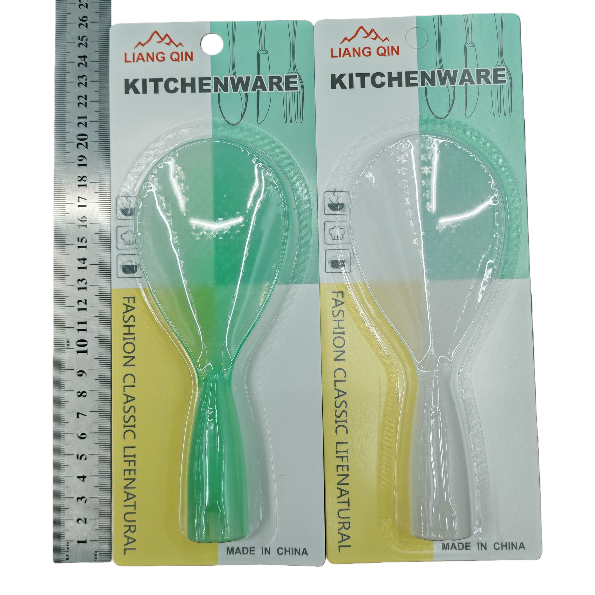 Verde transparente plástico cocina cuchara set paquete verde amarillo blanco tarjeta de tres colores cinta de papel medidor utensilios de cocina Item Picture
