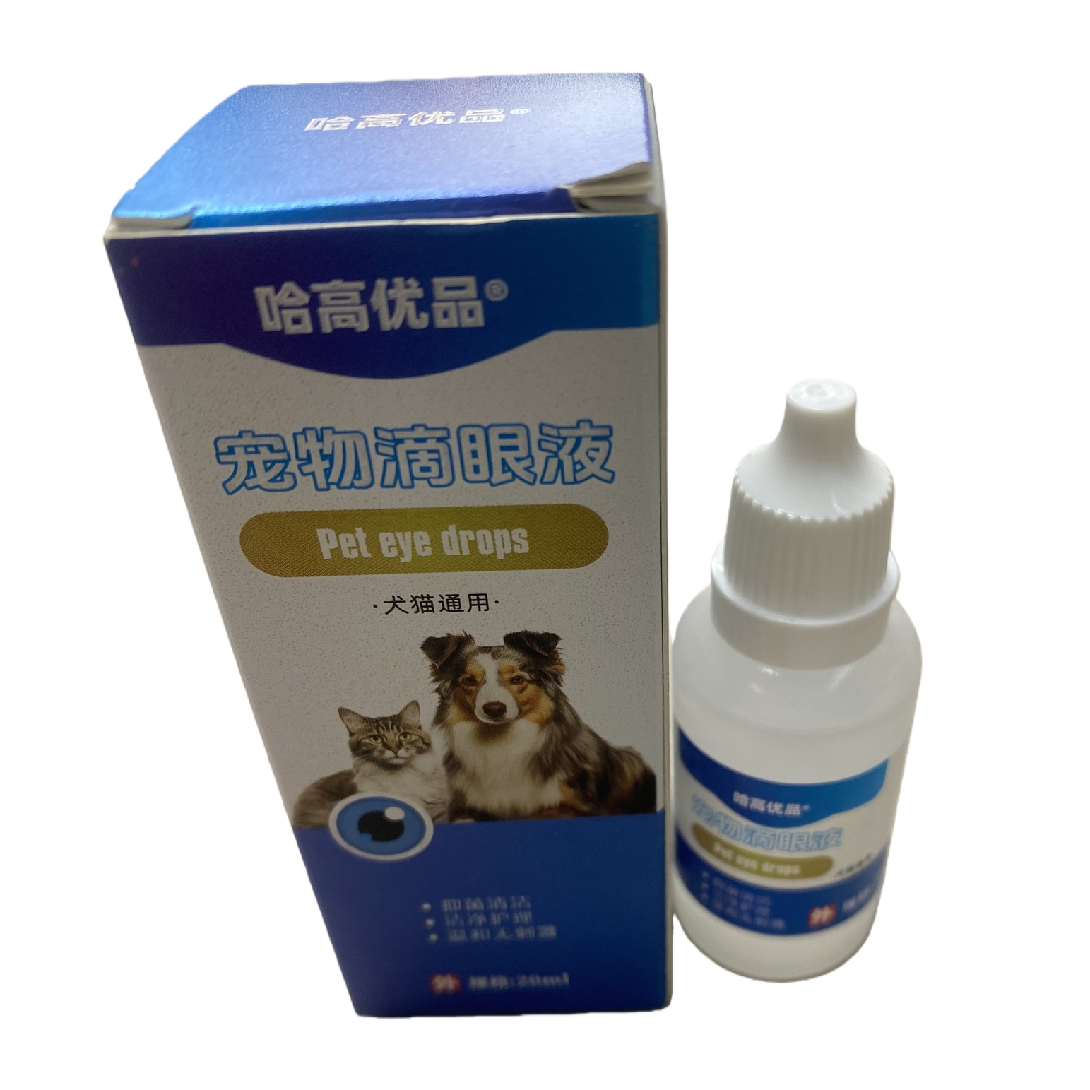 Pet-specific eye drops, white bottle, blue packaging box, pet eye care liquid, pet eye drops, pet care supplies Item Picture