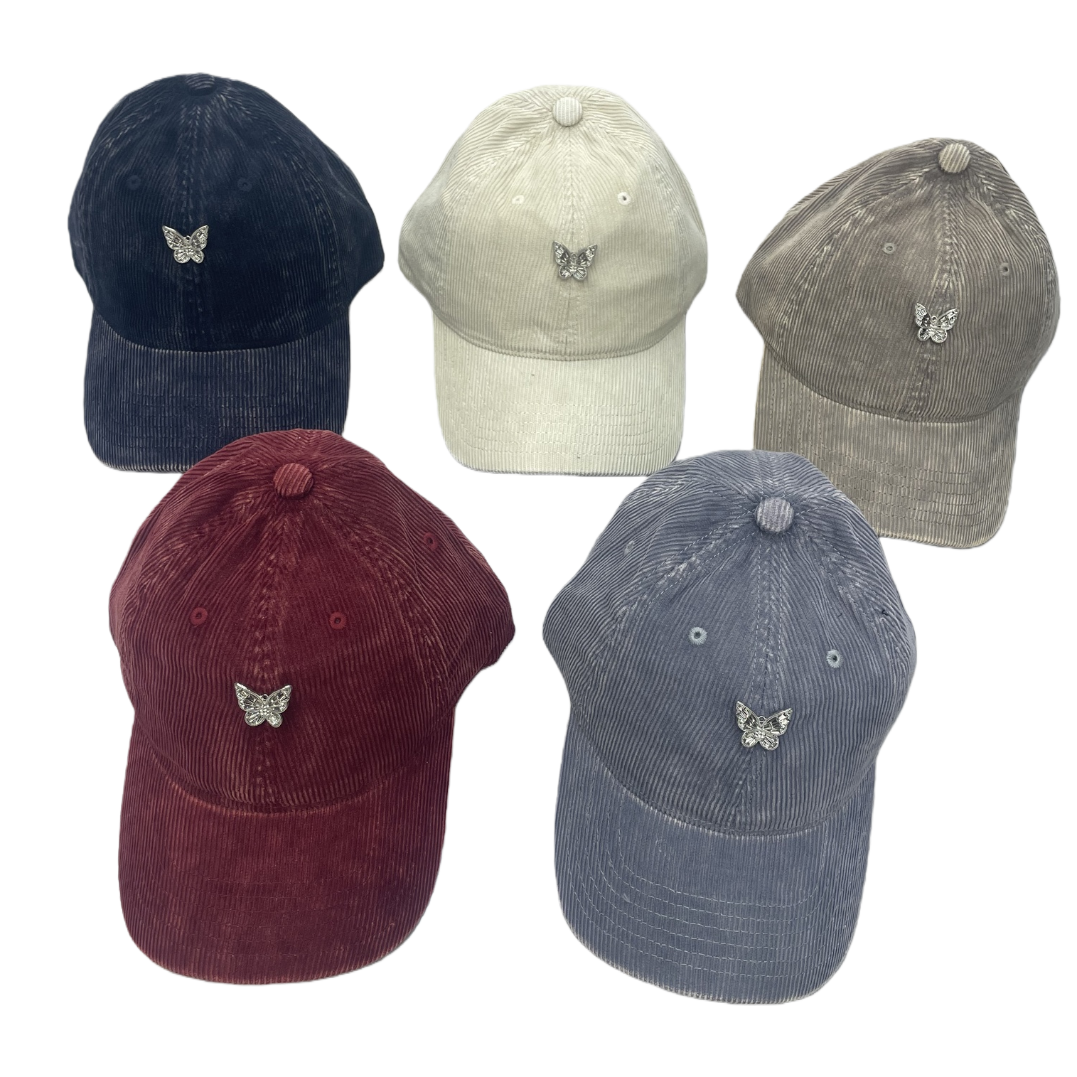 Five colorful corduroy baseball caps, silver butterfly badges, casual and trendy men's and women's designs, and a light grey wood grain floor are on display Item Picture