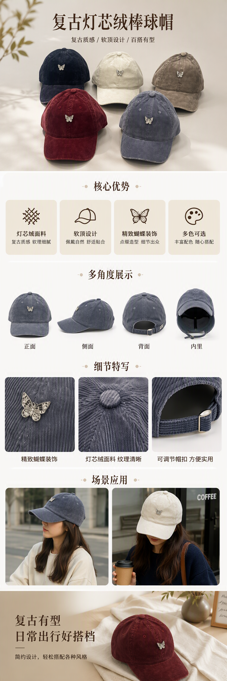五顶彩色灯芯绒棒球帽银色蝴蝶徽章休闲潮流男女款浅灰木纹地板展示详情1