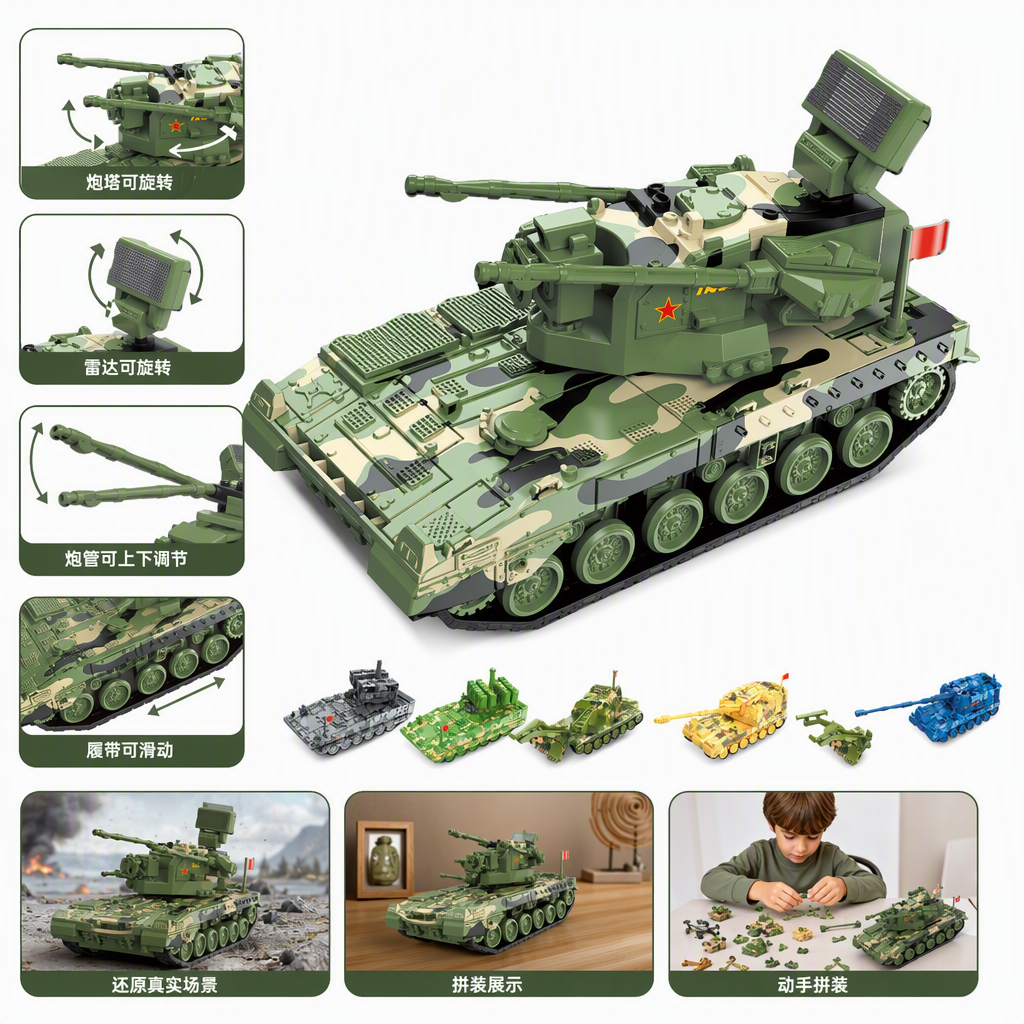 Green camouflage alloy assembly tank model toy, military simulation collection, children's educational assembly and fun decoration