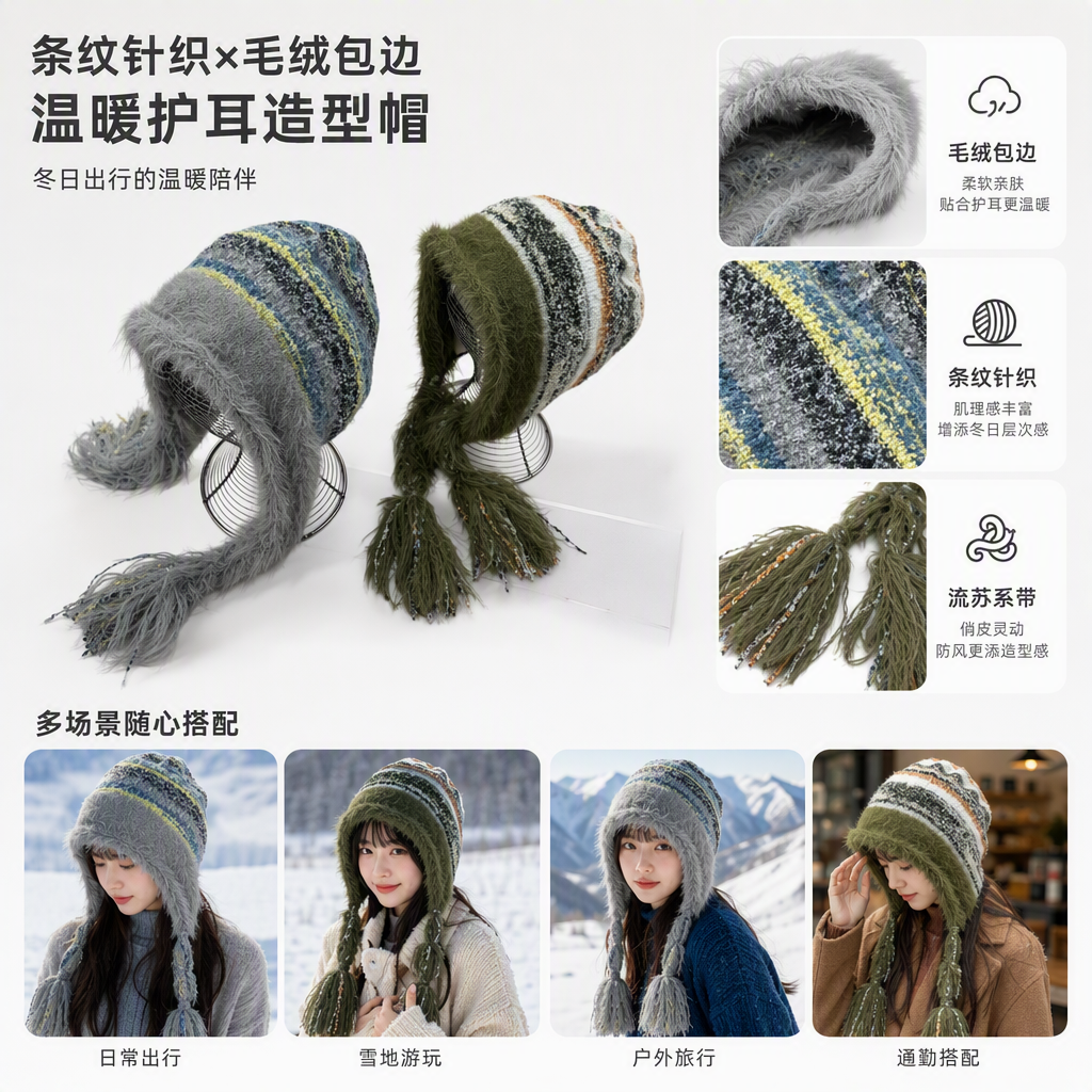Colorful striped plush hats are warm, cute and fashionable for autumn and winter. They are trendy and versatile hats for boys, girls and children in winter
