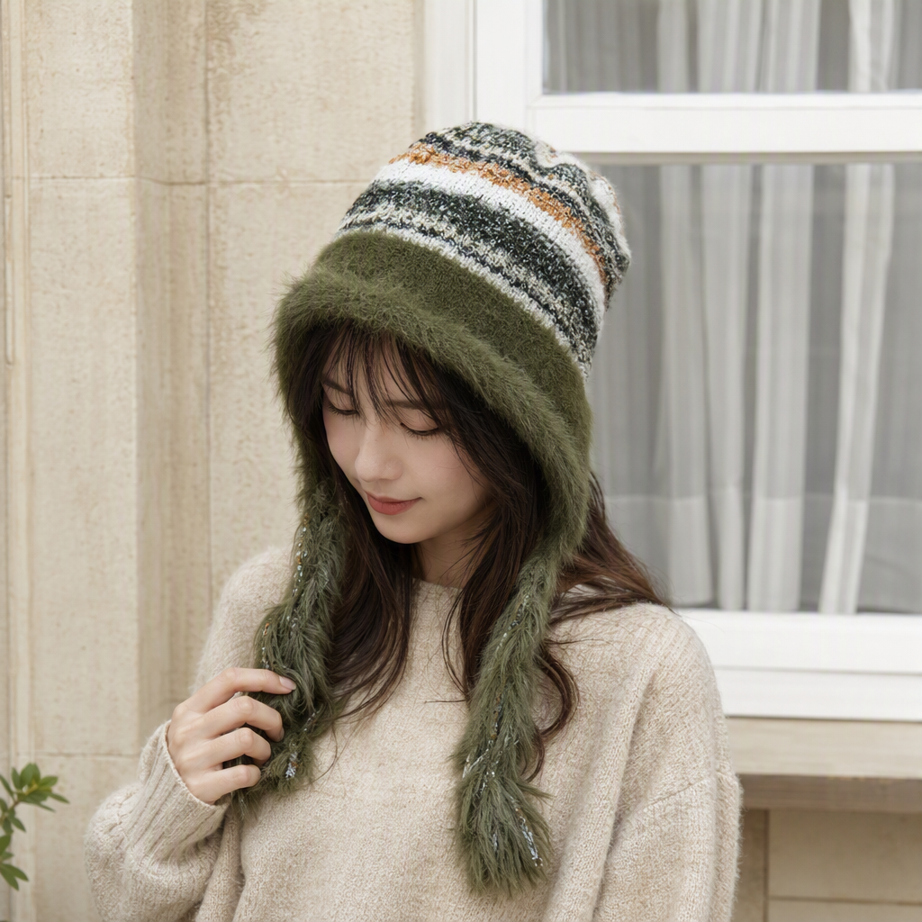 Colorful striped plush hats are warm, cute and fashionable for autumn and winter. They are trendy and versatile hats for boys, girls and children in winter details Picture