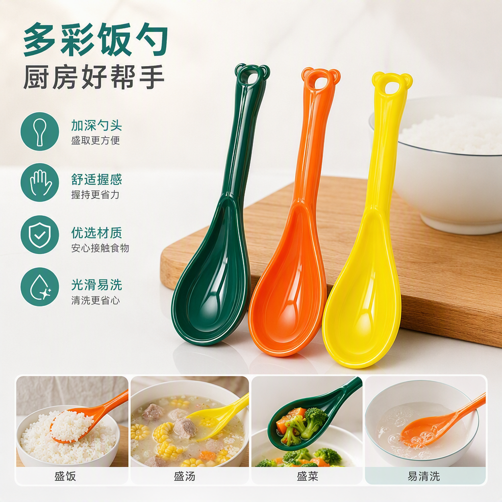 Three types of LIANGQIN colorful kitchen spoons with two-color design, bear ear handles, transparent packaging, kitchenware, durable and heat-resistant, and a genuine brand ruler