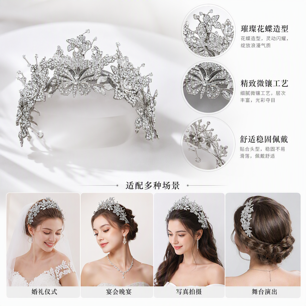 Sparkling diamond-encrusted butterfly flower headwear, fashionable and elegant wedding hair accessories, girls' hair accessories, headwear accessories