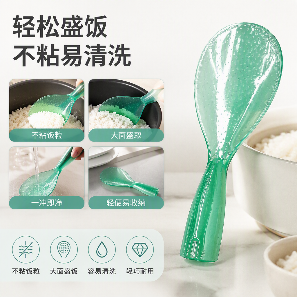 Green transparent plastic kitchen spoon set packaging: green, yellow and white three-color card paper tape with ruler kitchenware