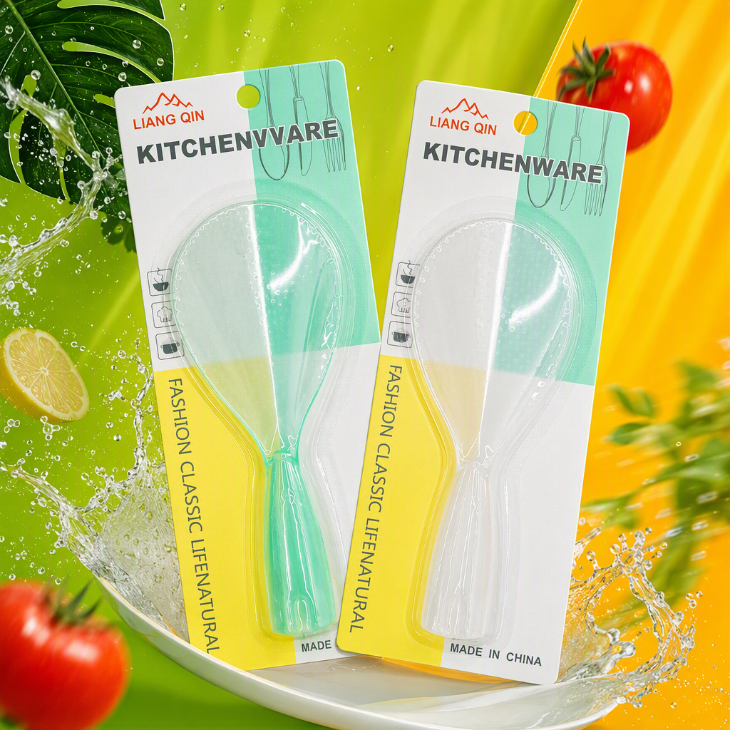 Verde transparente plástico cocina cuchara set paquete verde amarillo blanco tarjeta de tres colores cinta de papel medidor utensilios de cocina Specification image