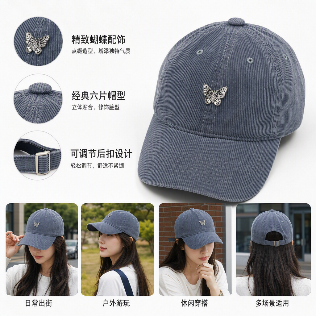 Five colorful corduroy baseball caps, silver butterfly badges, casual and trendy men's and women's designs, and a light grey wood grain floor are on display