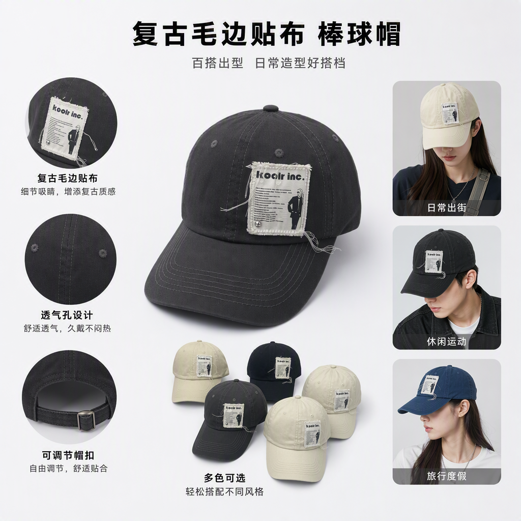 Colorful baseball cap with white patch label, fashionable casual sports cap, trendy and versatile for both men and women