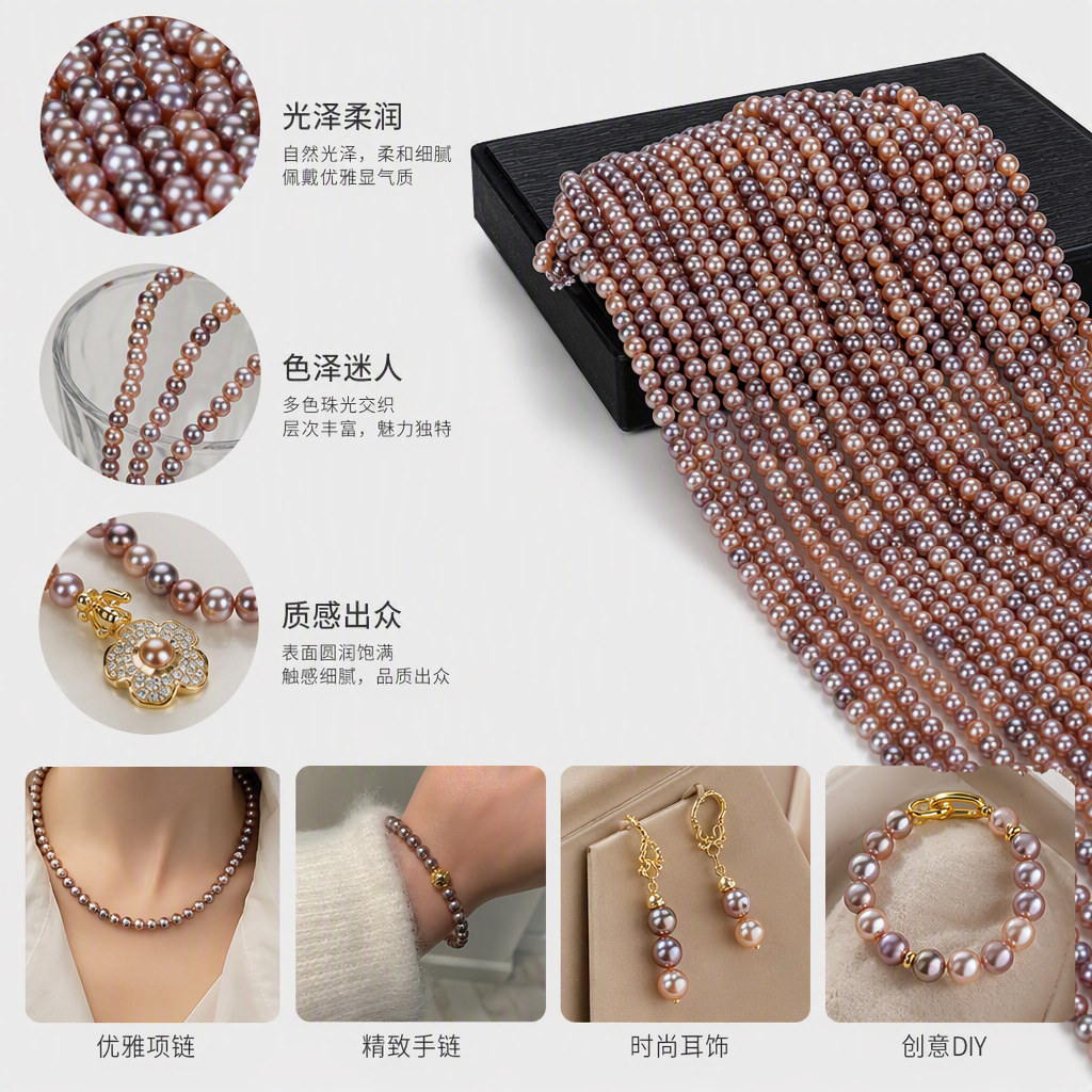 Natural freshwater pearl colored 3-4mm round bead necklace, DIY handmade jewelry material Application Scenario
