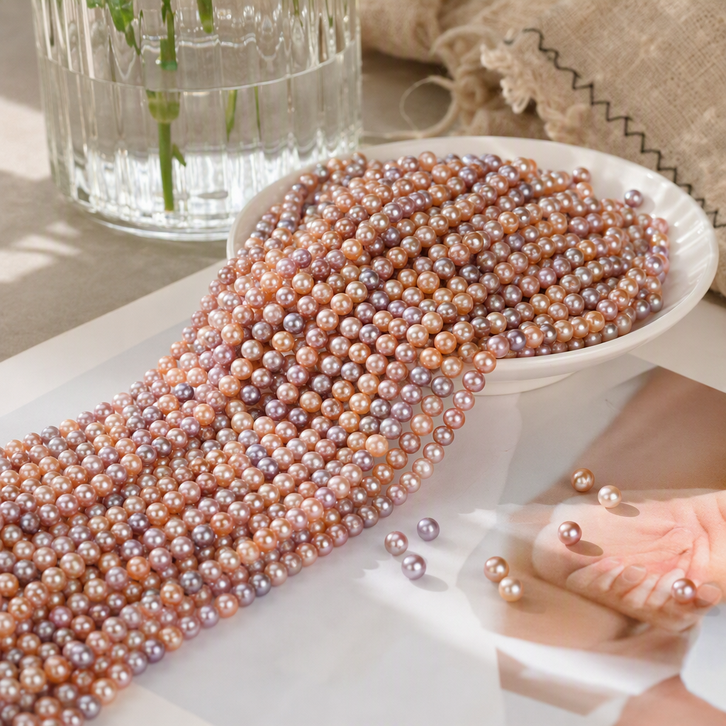 Natural freshwater pearl colored 3-4mm round bead necklace, DIY handmade jewelry material details Picture