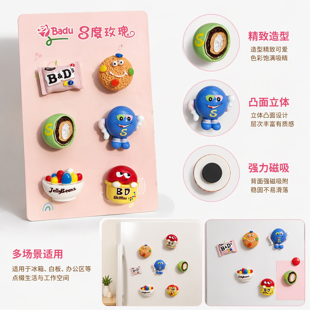 Six colorful candy-themed tiles with a pink background, B&D's chocolate cookie face, S-shaped egg roll, Smurfs, Jelly Beans, BD Skittles rainbow