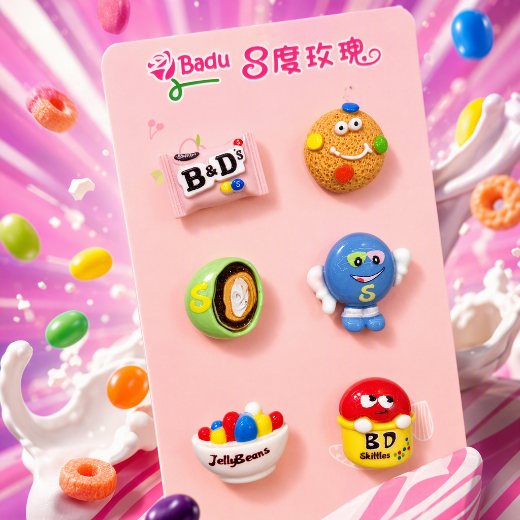 Six colorful candy-themed tiles with a pink background, B&D's chocolate cookie face, S-shaped egg roll, Smurfs, Jelly Beans, BD Skittles rainbow Specification image