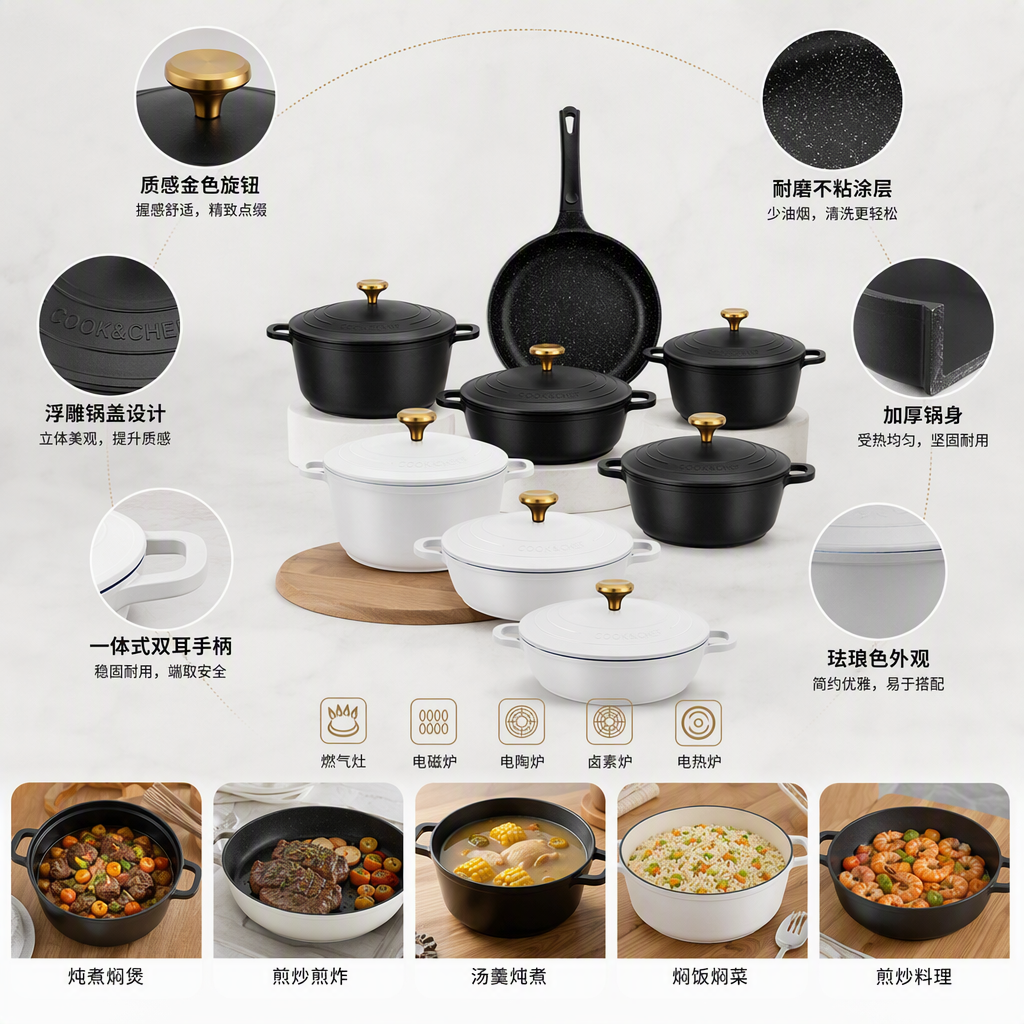 Multi-functional kitchen cookware set, aluminum pot, household soup, rice, stew pot, kitchenware combination, durable and practical HR147-2 Item Picture